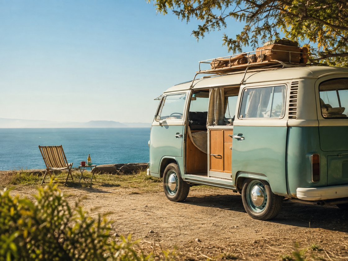 Alter hellblauer Campingbus mit offener Schiebetür steht an der Küste, davor ein Liegestuhl mit Blick aufs Meer