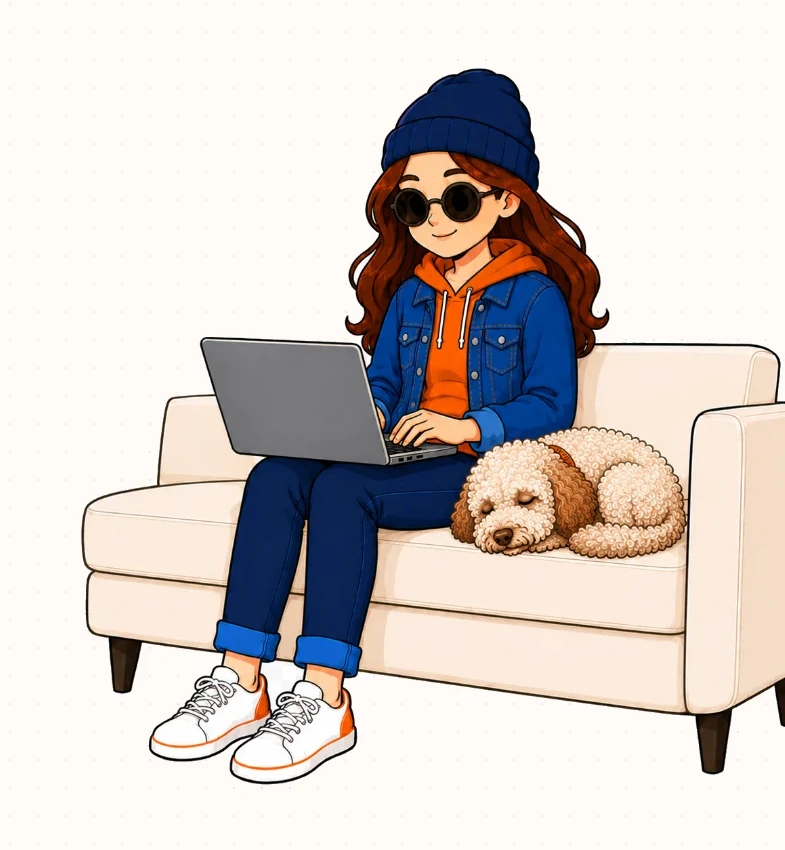 Flip sitzt entspannt mit dem Laptop auf dem Sofa, Hazel schläft daneben