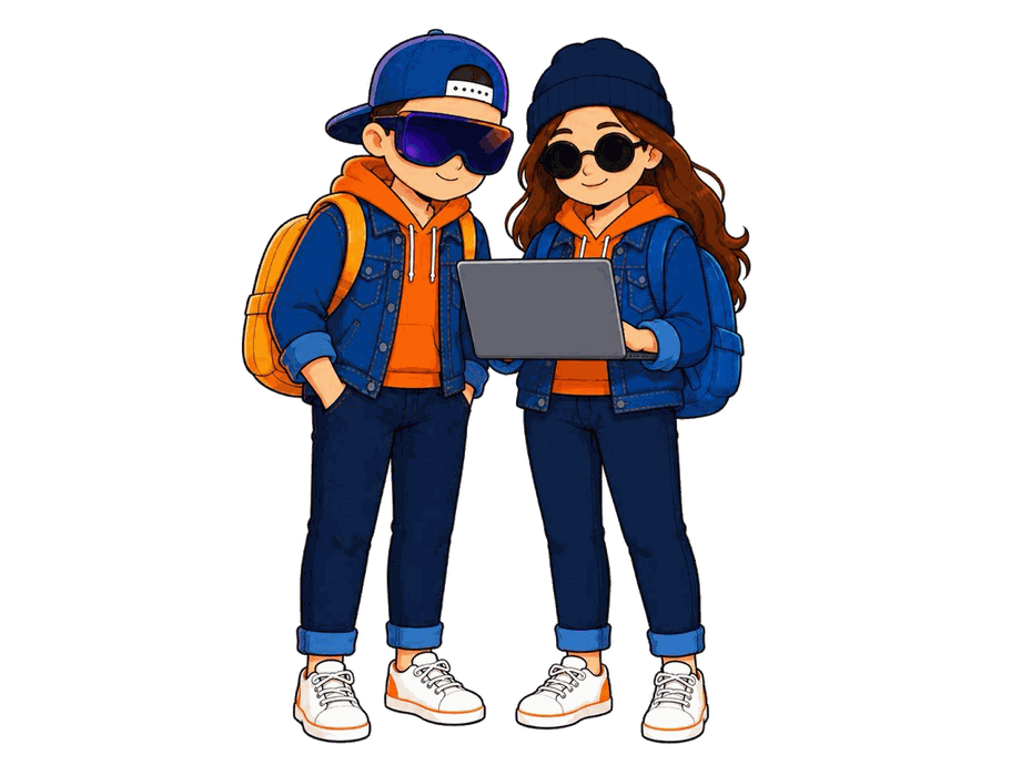 Flip: zwei Figuren schauen gemeinsam auf einen Laptop