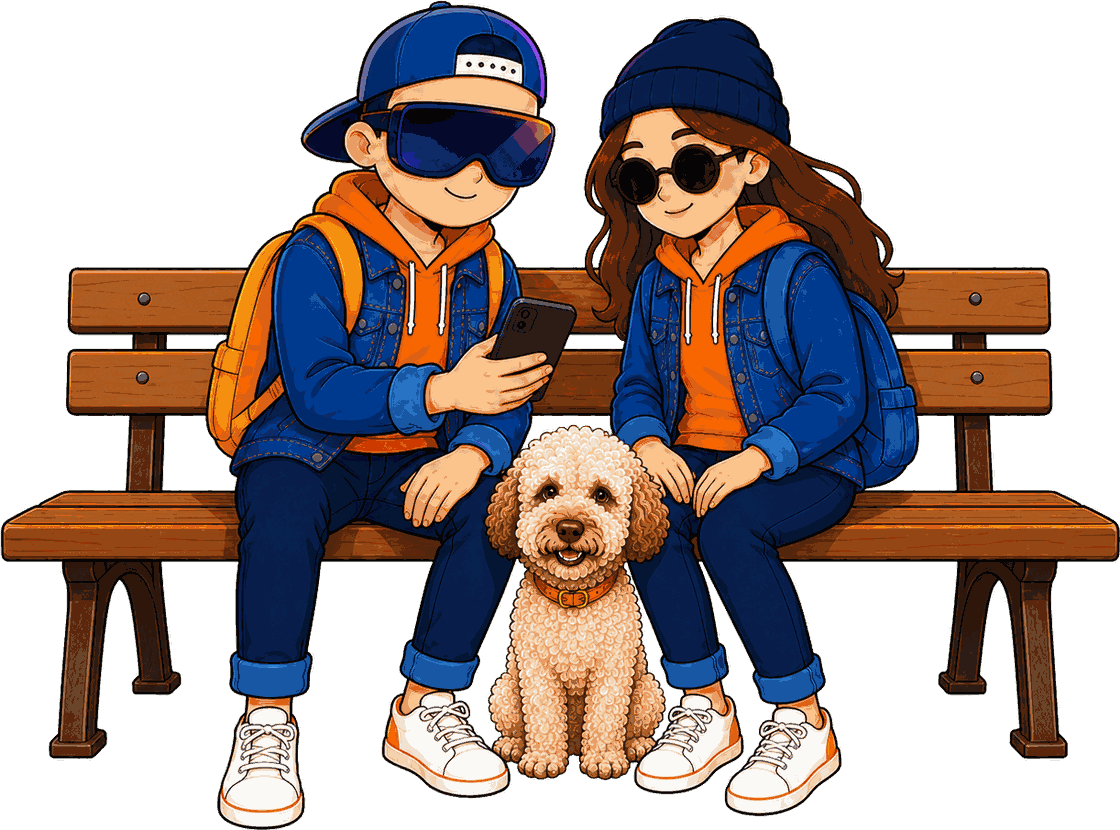Die beiden Flips sitzen mit Hazel auf einer Parkbank und schauen gemeinsam auf ein Handy