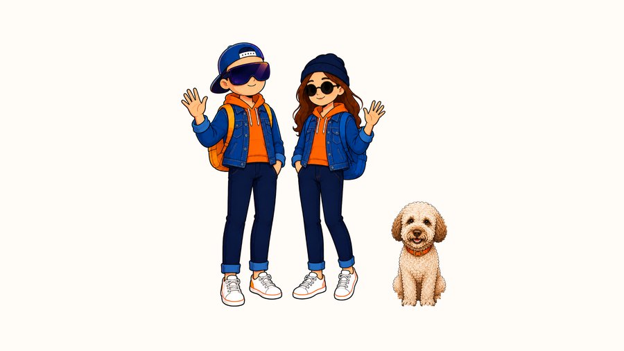 Die beiden Kursfiguren Flip und die Hündin Hazel.