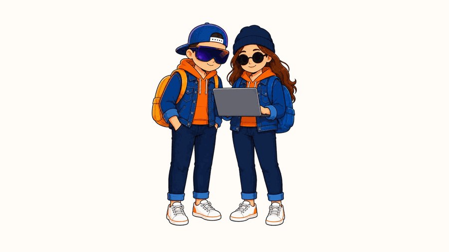 Die Kursfiguren sitzen gemeinsam am Laptop.
