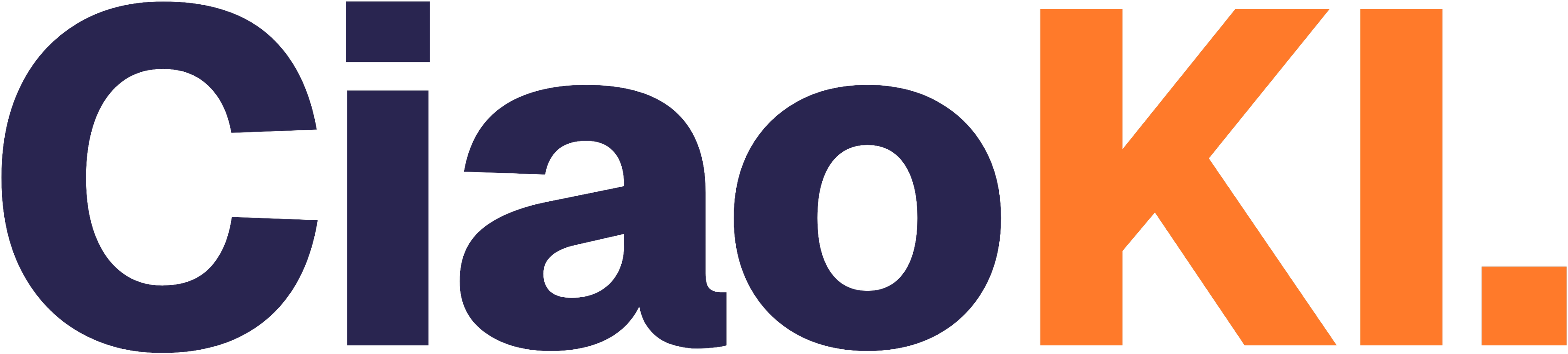 Das Logo CiaoKI. Das Wort Ciao in Indigo, die Buchstaben KI mit Punkt in Orange.